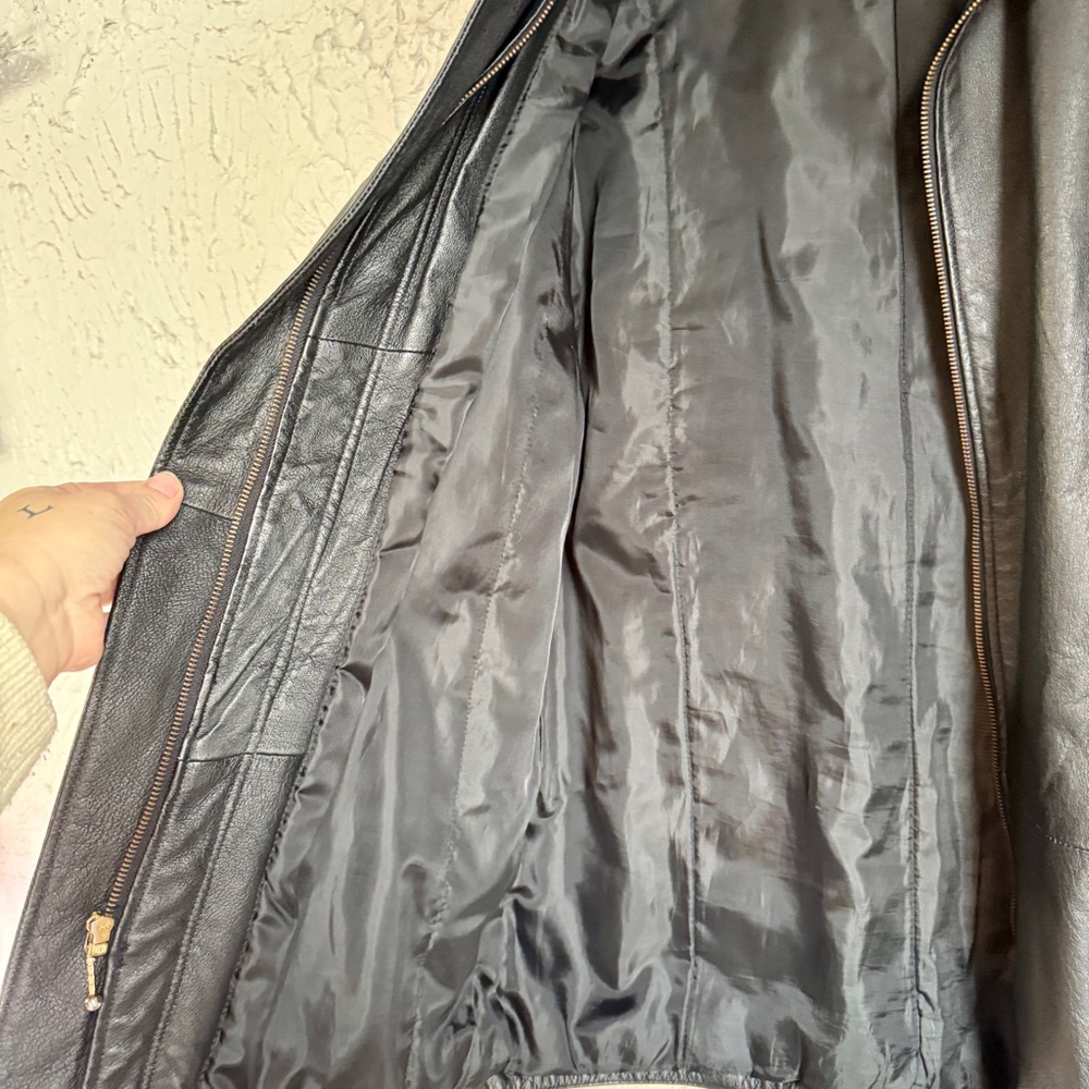 Vintage Black Leather Jacket with Gold Accents - Picture 5 of 11
